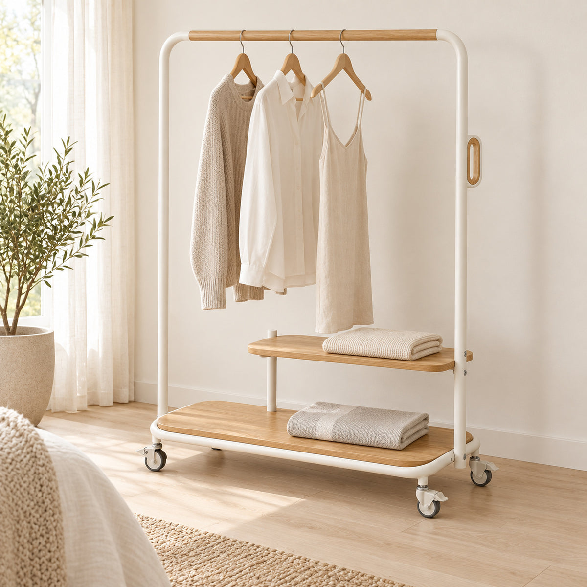 Mobile Garment Rack with Two Shelves